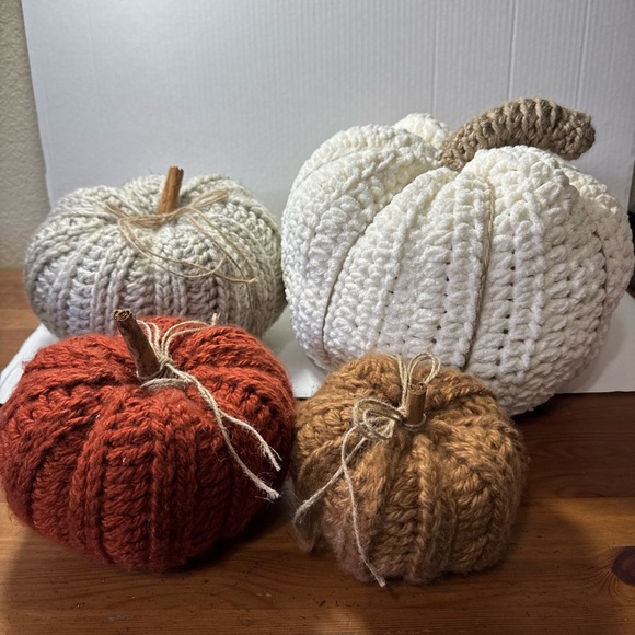 Handmade Other - Cozy Knit Pumpkin Holiday Pillow Set - White, Orange, Tan